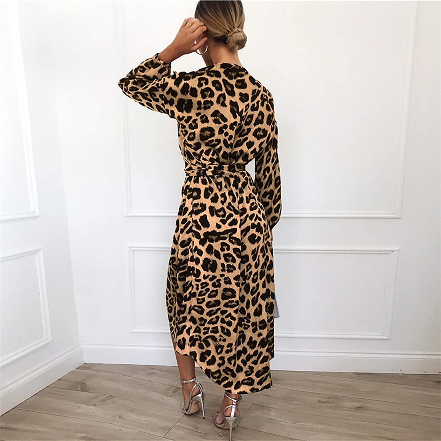 Womens Leopard Dress Casual Fall Long Sleeve Aline Midi Drawstring Split  Tie Waist Wrap Dress | Walmart Canada